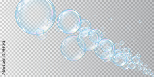 Transparent soap bubbles with soft iridescent shimmer float in the air. Light highlights create an iridescent effect on a light background, symbolizing purity, tenderness and children's joy.
