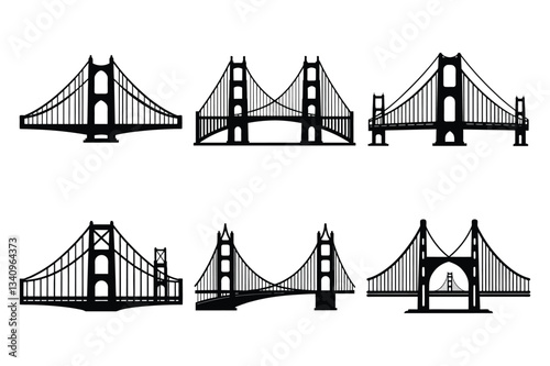 Set of golden gate bridge silhouette vector icon illustration on white background.