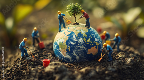 Miniature workers planting a tree on a globe surrounded by soil and tools in a conceptual image