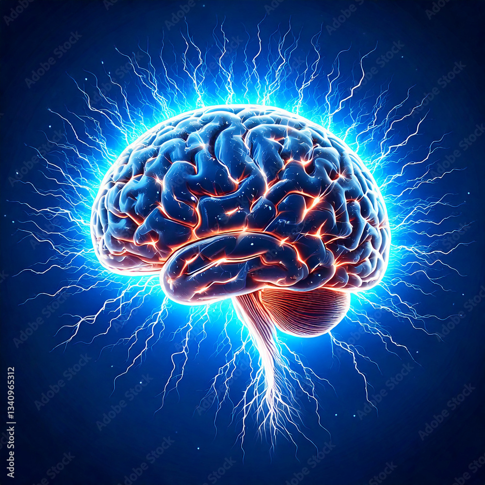 Human brain digital illustration. Electrical activity, flashes, and lightning on a blue background