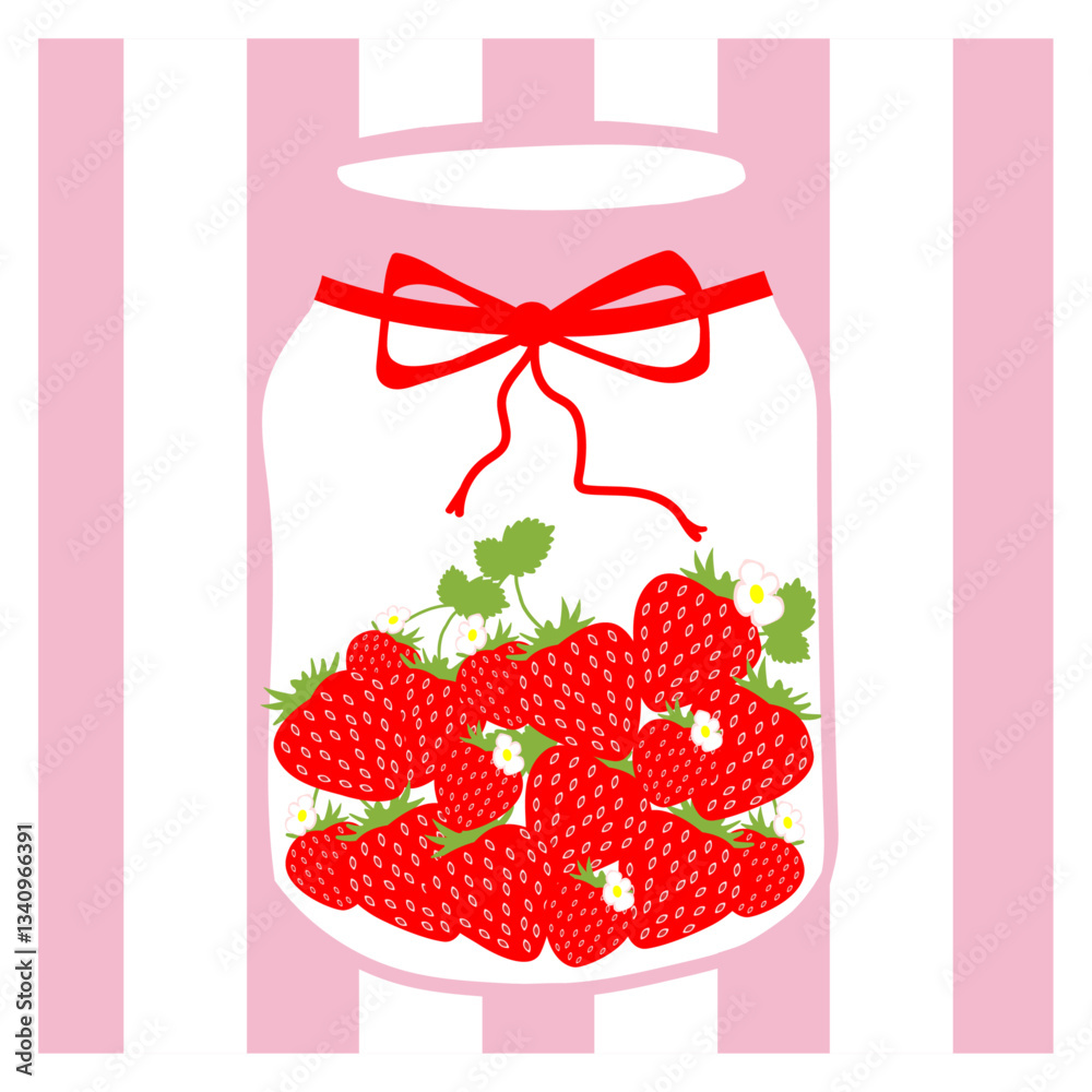 Las fresas en un frasco de cristal con lazo rojo