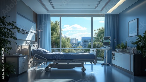 Empty hospital room with a neatly made bed, medical equipment, and large windows 