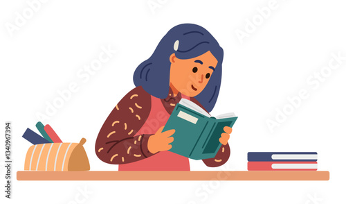 School girl sitting at desk in classroom reading textbook flat vector illustration isolated on white.