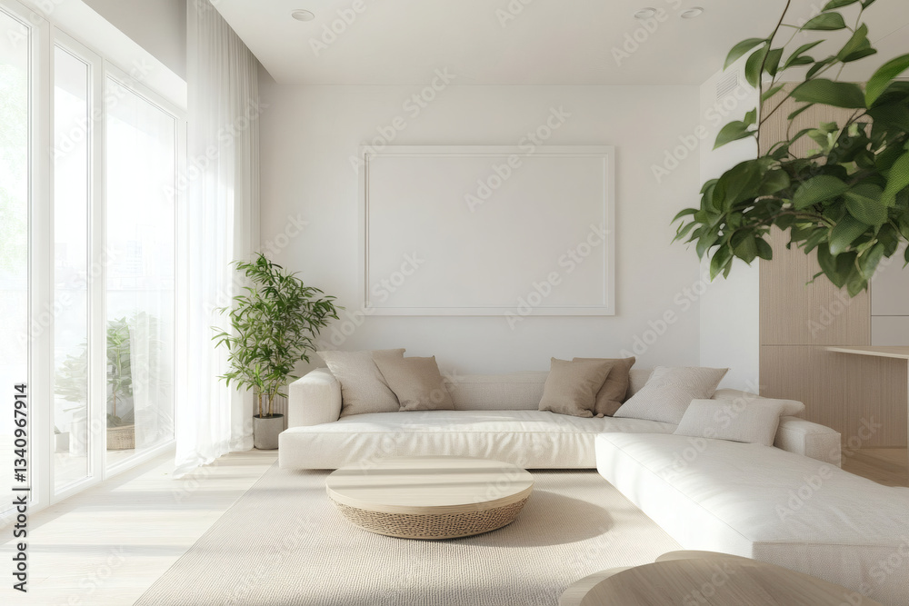 Fototapeta premium Bright Scandinavian Living Room with Large White Picture Frame Mockup