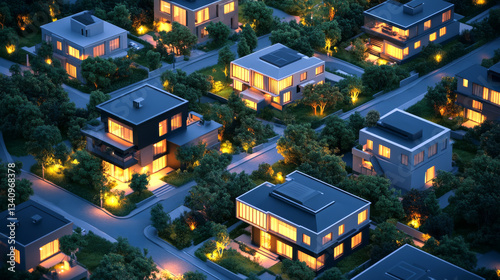 digital 3d isometric illustration of an illuminated modern eco-smart town