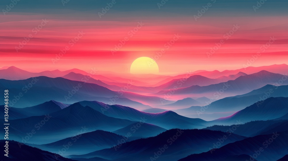 Fototapeta premium Vibrant sunset landscape over misty mountain range with colorful sky