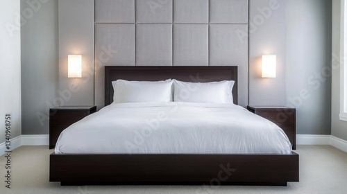 Wallpaper Mural Contemporary bedroom with a dark wooden bed frame, neutral bedding, ambient bedside lighting Torontodigital.ca