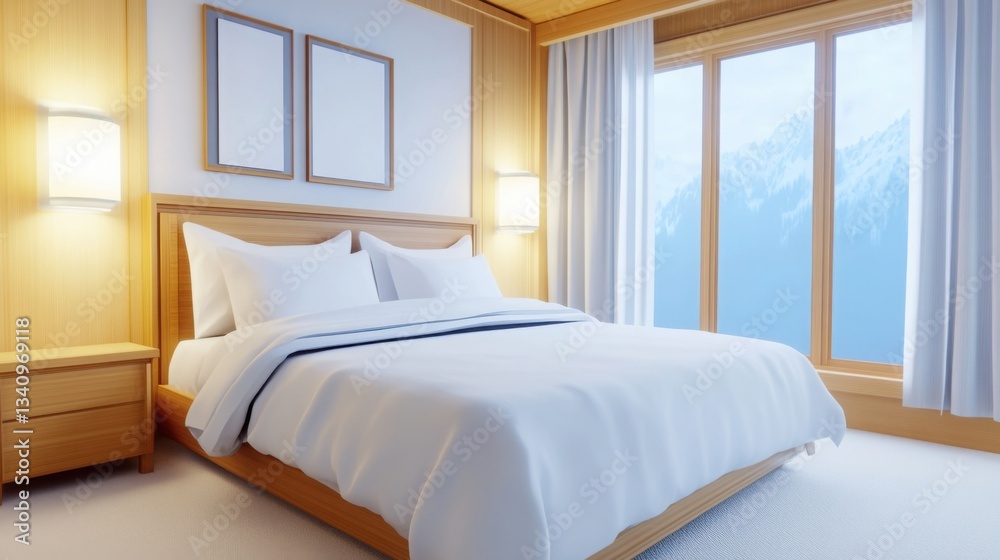 Fototapeta premium Cozy bedroom with a wooden bed, white linens, a soft beige rug, and large windows letting in natural light
