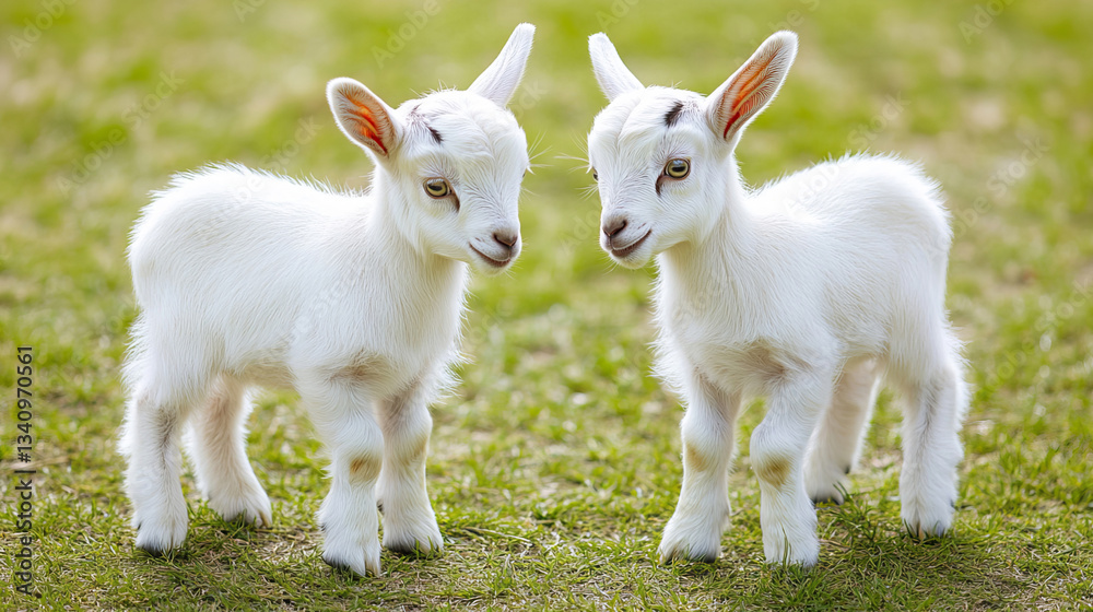 Obraz premium Two fluffy white baby goats play on a sunlit grassy field, their bright eyes filled with curiosity. Their soft fur and lively movements create a heartwarming scene of youthful energy.
