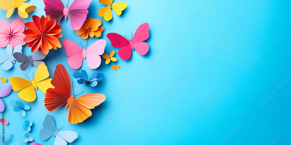 Obraz premium A whimsical abstract background features colorful paper butterflies and delicate flowers arranged against a soft blue backdrop, with ample copy space for creative designs and messaging.