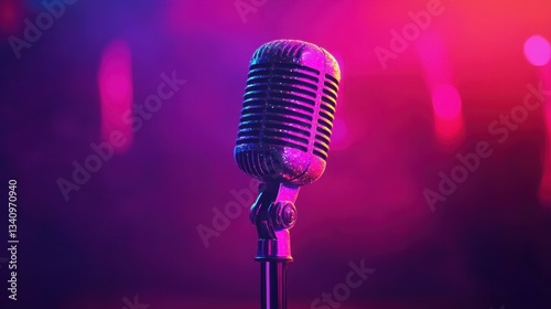 Vintage microphone on stage surrounded by colorful lights, symbolizing music, performance, sound, and artistic expression in a vibrant atmosphere