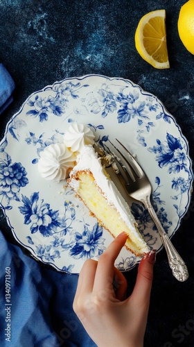 Top view of lemon sponge cake in Floral Pattern design plate on a blue elegant background beans, hyper realistic photo with high quality