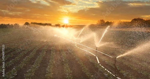 Irrigation system on agricultural cabbage field at sunset, watering helps the vegetables to grow in the dry season. Beautiful summer landscape rural scene with orange sky, clouds and sun, slow motion