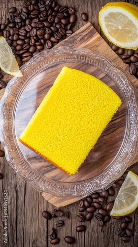 Top view of lemon sponge cake in transparent plate on a brown rustic wooden planks surrounded by coffee beans, hyper realistic photo with high quality