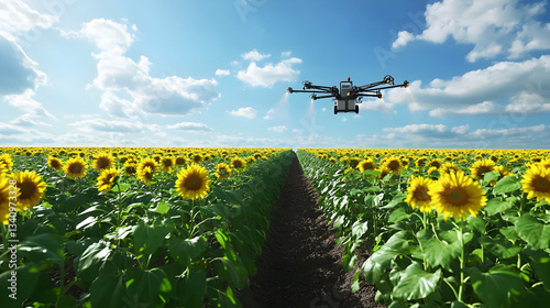 Drone Spraying Sunflowers Field: Aerial View of Agricultural Technology