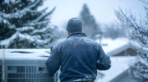 HVAC Technician Servicing Unit in Snowy Winter