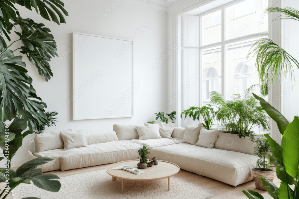Naklejka premium Bright Scandinavian Living Room with Large White Picture Frame Mockup