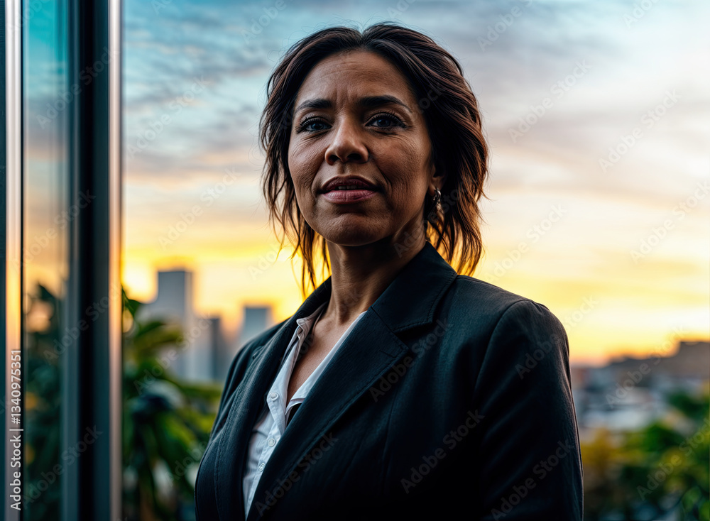A confident woman, dressed in a professional blazer, stands at a window overlooking a city skyline at sunset.