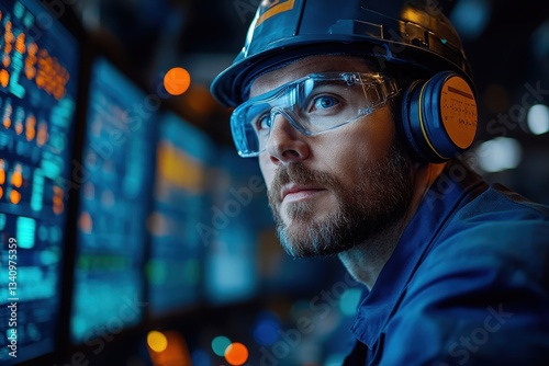 Engineer Operating Scada System Wearing Safety Glasses and Hardhat in Control Room