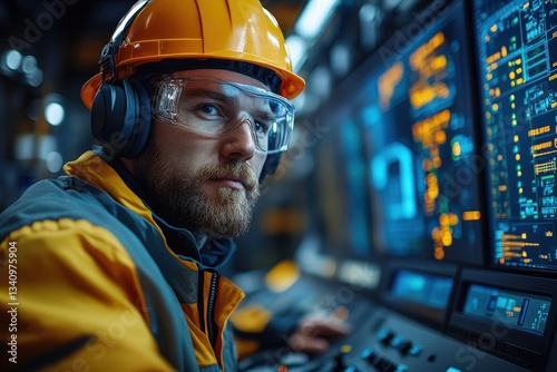 Engineer Operating Scada System Wearing Safety Glasses and Hardhat in Control Room