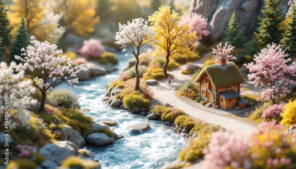 Fototapeta premium Charming cottage by river in vibrant spring forest with blossoming trees