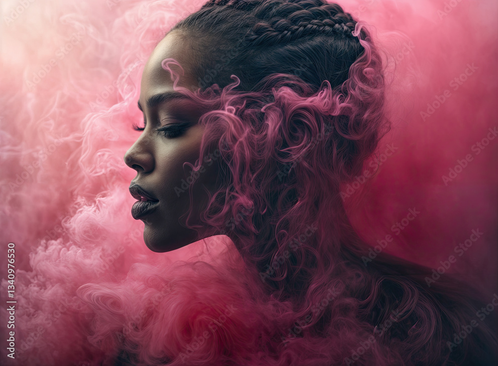 A woman with braided hair and pink smoke-like curls, showcasing a serene and elegant profile.