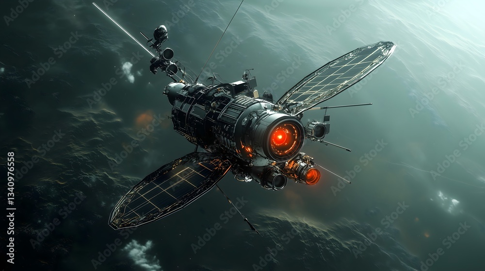Naklejka premium Detailed rendering of a space probe with advanced cameras exploring the cosmos