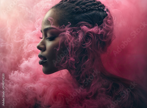 Obraz na płótnie A woman with braided hair and pink smoke-like curls, showcasing a serene and elegant profile. w salonie