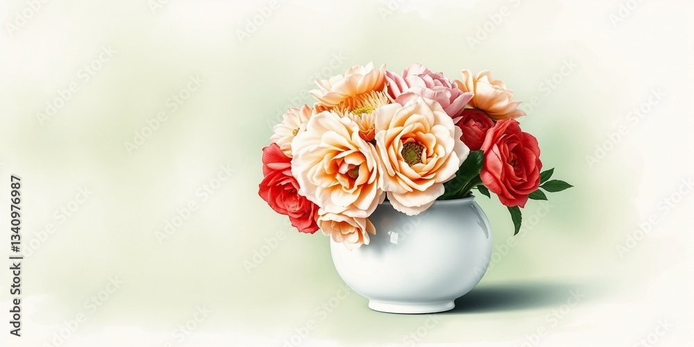 Obraz premium Elegant luxury floral centerpiece featuring colored ranunculus in a white vase, copy space