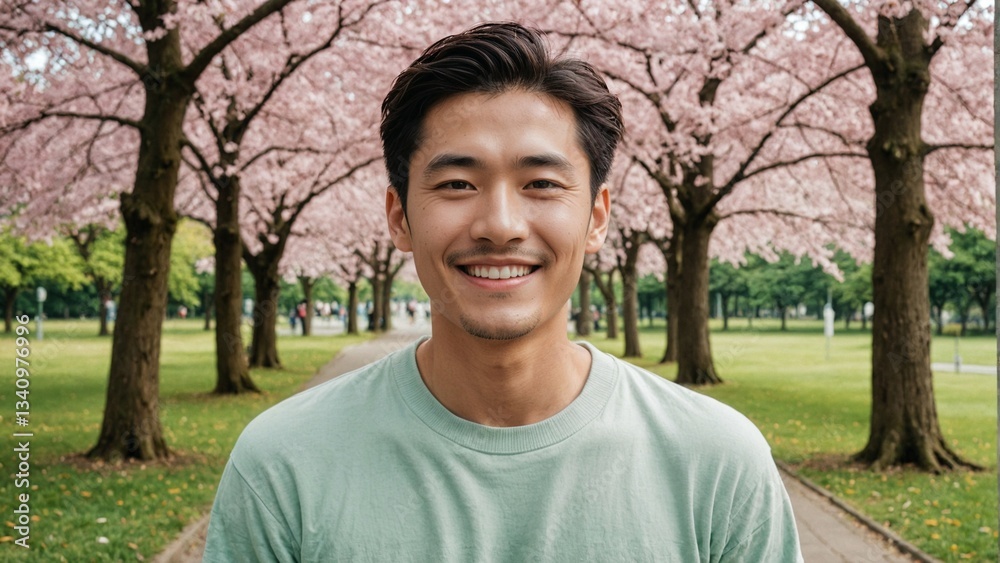 Confident Japanese Man Surrounded by Blooming Sakura Trees in a Peaceful Park, Ideal for Lifestyle and Wellness-Themed Campaigns Confident Japanese Man Surrounded by Blooming Sakura Trees in a Peaceful Park, Ideal for Lifestyle and Wellness-Themed Campaigns