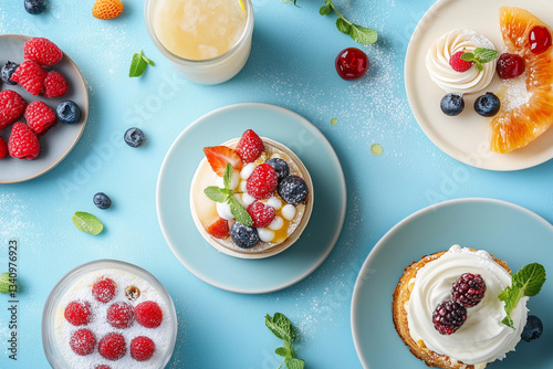 Wallpaper Mural Colorful Fruit Tart Dessert Display. Colorful fruit tarts with berries and mint on plates. Great for food photography or festive events. Bright and fresh atmosphere. Torontodigital.ca