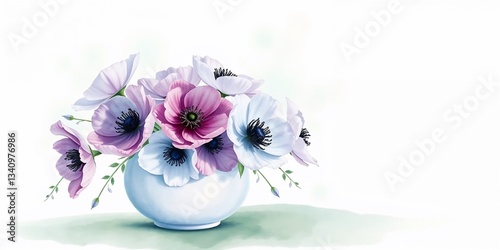 Elegant luxury floral centerpiece featuring white and purple anemones in a watercolor style