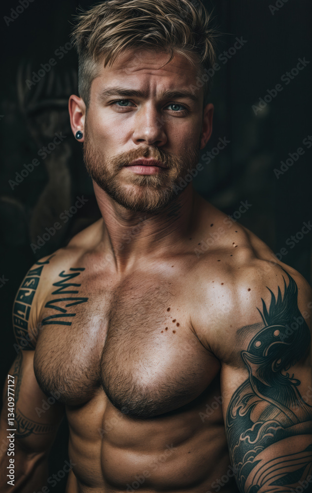 a person with tattoos on their upper chest and arm. They are shirtless, revealing muscular shoulders and a defined upper body. The person has short, styled hair and a beard, wearing an earring.