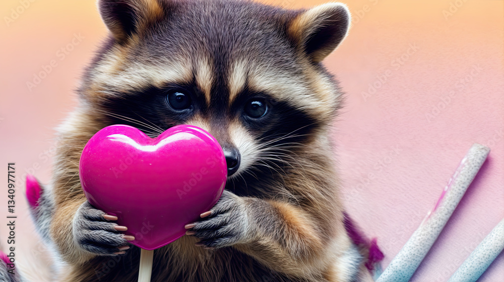 Close-up of a raccoon, its paws clutching a vibrant pink heart-shaped lollipop.