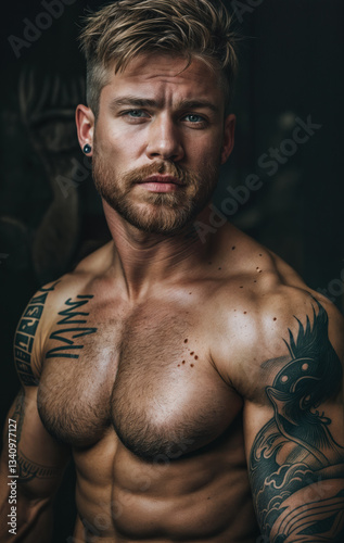 Obraz na płótnie a person with tattoos on their upper chest and arm. They are shirtless, revealing muscular shoulders and a defined upper body. The person has short, styled hair and a beard, wearing an earring. w salonie