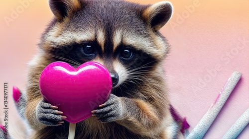Obraz na płótnie Close-up of a raccoon, its paws clutching a vibrant pink heart-shaped lollipop. w salonie