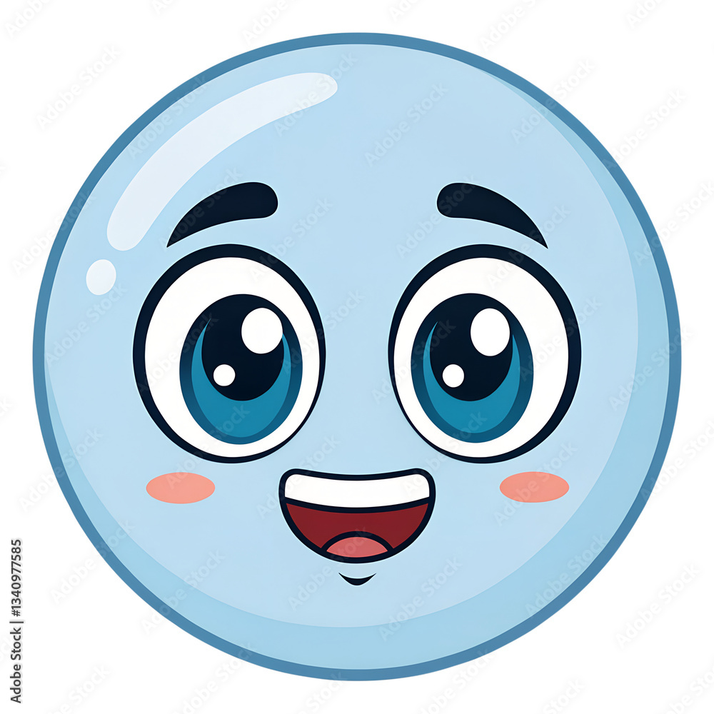 Fototapeta premium Cute blue cartoon emoji with happy facial expression, big shiny eyes, and cheerful smile for digital stickers, chat icons, and emoticon design