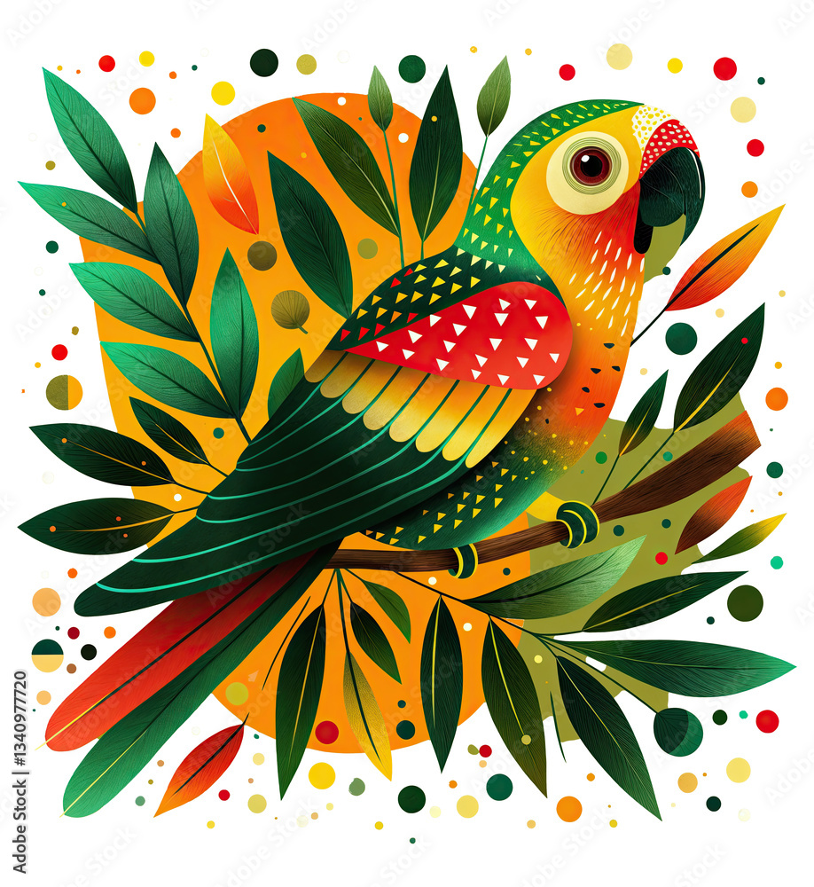 a vibrant and colorful illustration of a parrot, surrounded by an array of leaves and geometric patterns, set against a dark background adorned with small, colorful dots.
