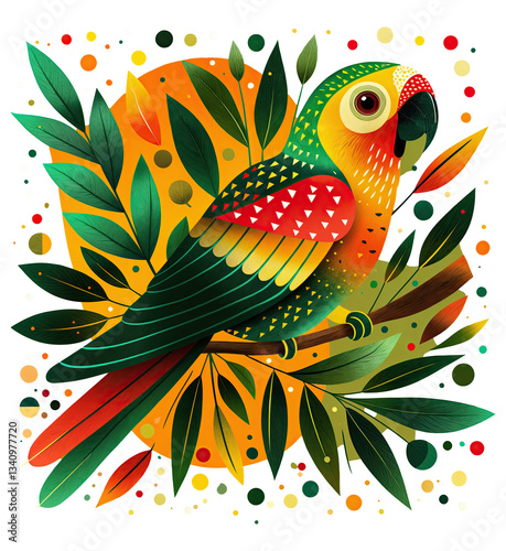 Obraz na płótnie a vibrant and colorful illustration of a parrot, surrounded by an array of leaves and geometric patterns, set against a dark background adorned with small, colorful dots. w salonie