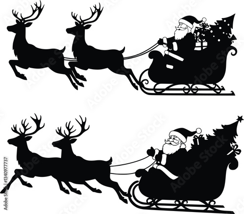 Black and white silhouette of Santa Claus riding a sleigh with two reindeer, a sack of gifts, and a Christmas tree

