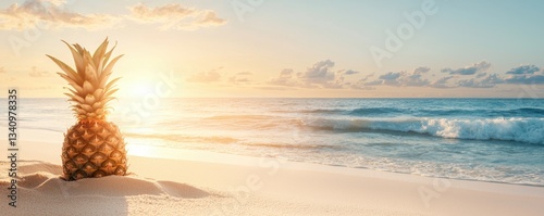 A vibrant pineapple stands on a sandy beach, with gentle waves lapping at the shore and a stunning sunset illuminating the horizon.