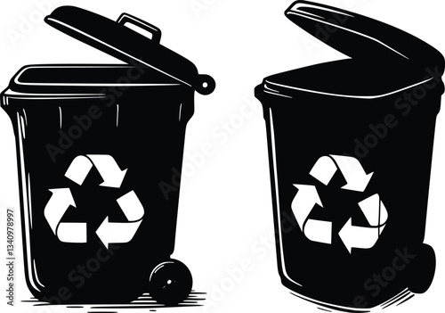 Black and white  silhouette illustration of a trash bin with a partially open lid and recycling symbol