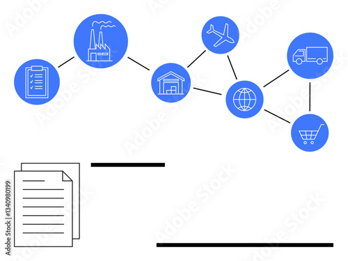 Network diagram outlining supply chain process with icons for checklist, factory, warehouse, transport, global connectivity, and shopping. Ideal for logistics, planning, organization workflow