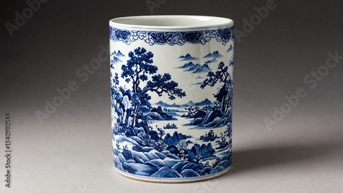 Qing Dynasty Kangxi Mark Porcelain Brush Pot Featuring Traditional Chinese Landscape and Figures photo