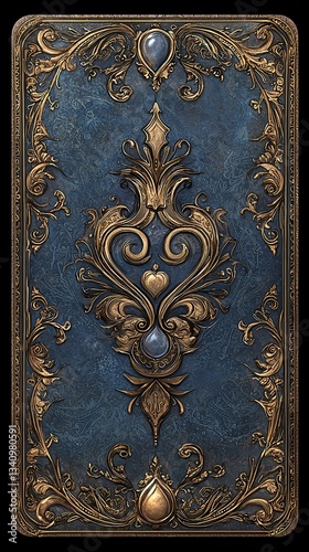 An ornate playing card back in royal blue, gold, and earthy tones with a symmetrical design