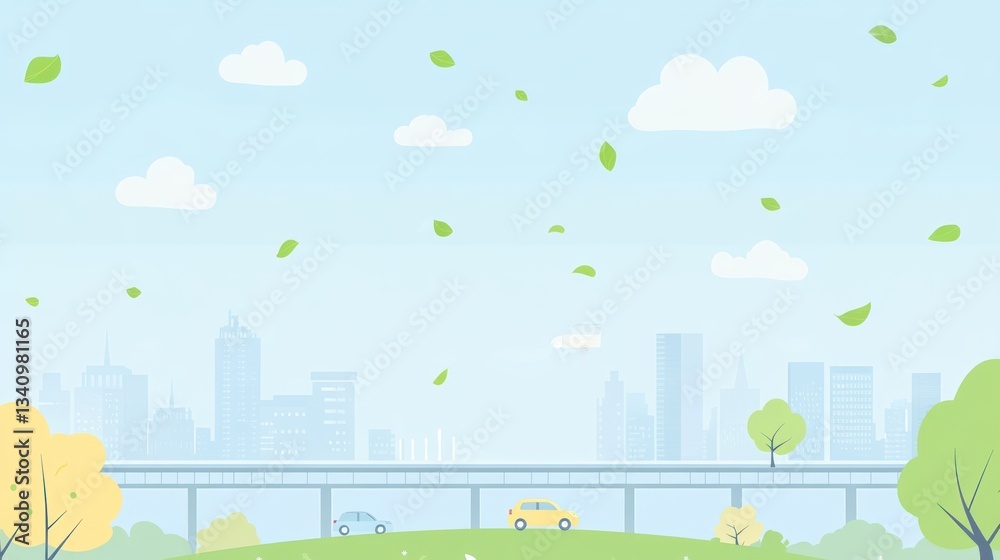 Cityscape spring breeze, cars on overpass, peaceful scene, illustration, stock photo Cityscape spring breeze, cars on overpass, peaceful scene, illustration, stock photo