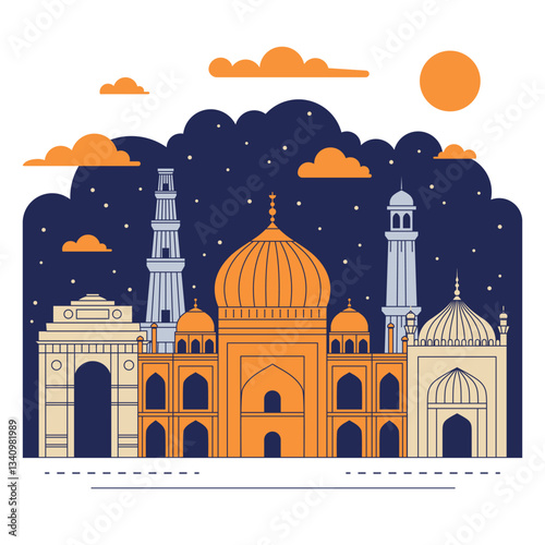 India Night Scene with Architectural Landmarks