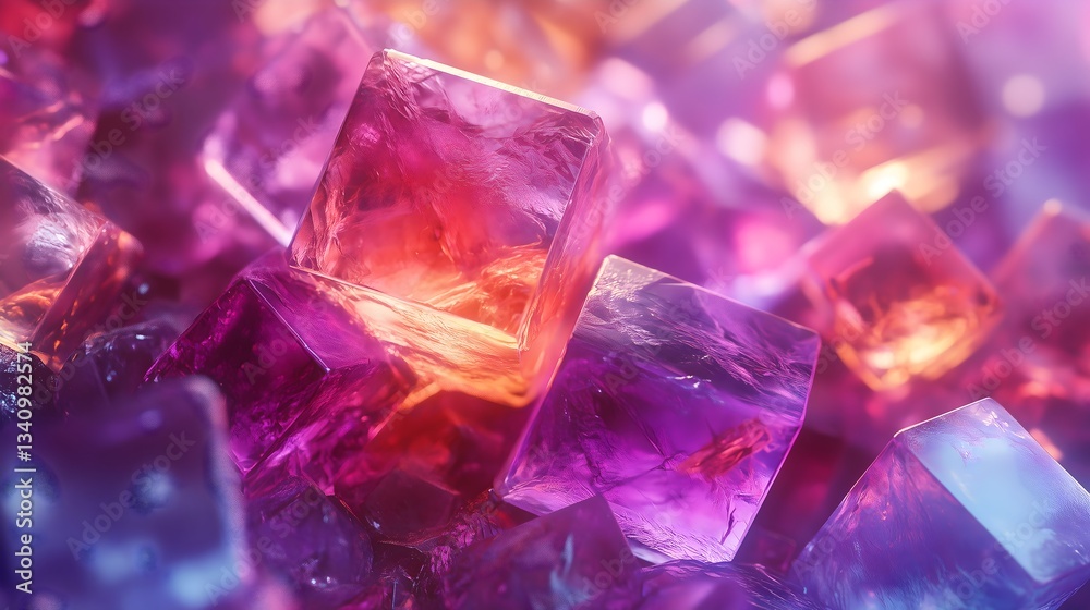 Fluorite texture rendered in vibrant hues of purple, orange, and pink with a crystalline appearance for background or wallpaper use