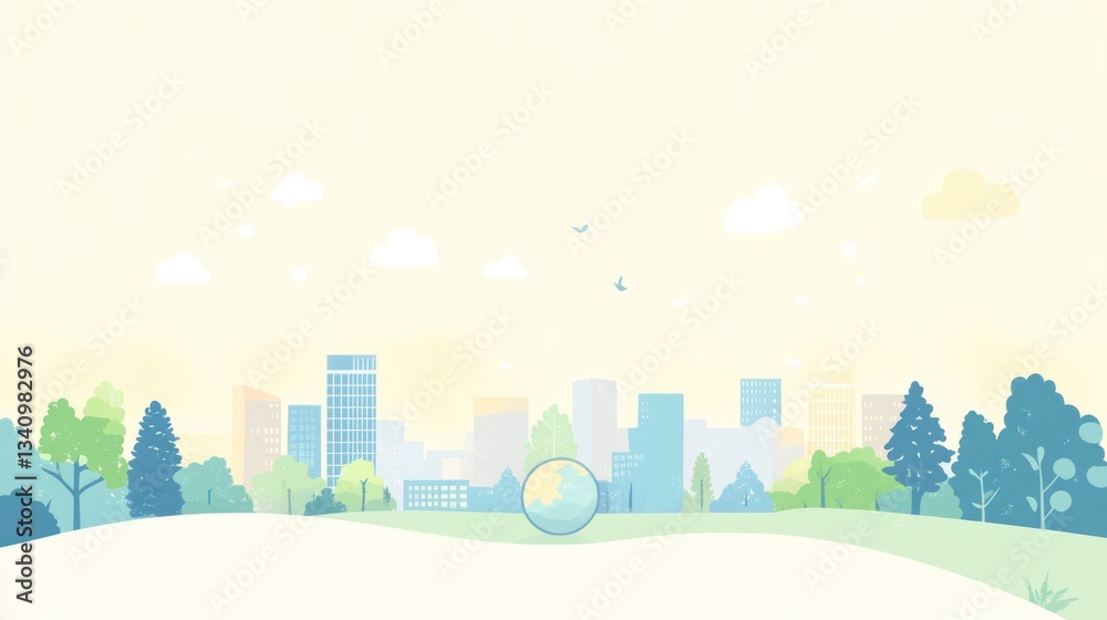 Pastel cityscape skyline with trees and earth globe, peaceful urban scene Pastel cityscape skyline with trees and earth globe, peaceful urban scene