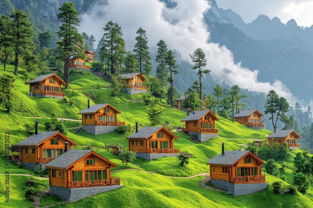 Wooden cabins nestled in a lush mountain valley